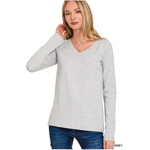 Solid Cotton V neck Long sleeve Top - Picture 1 of 1